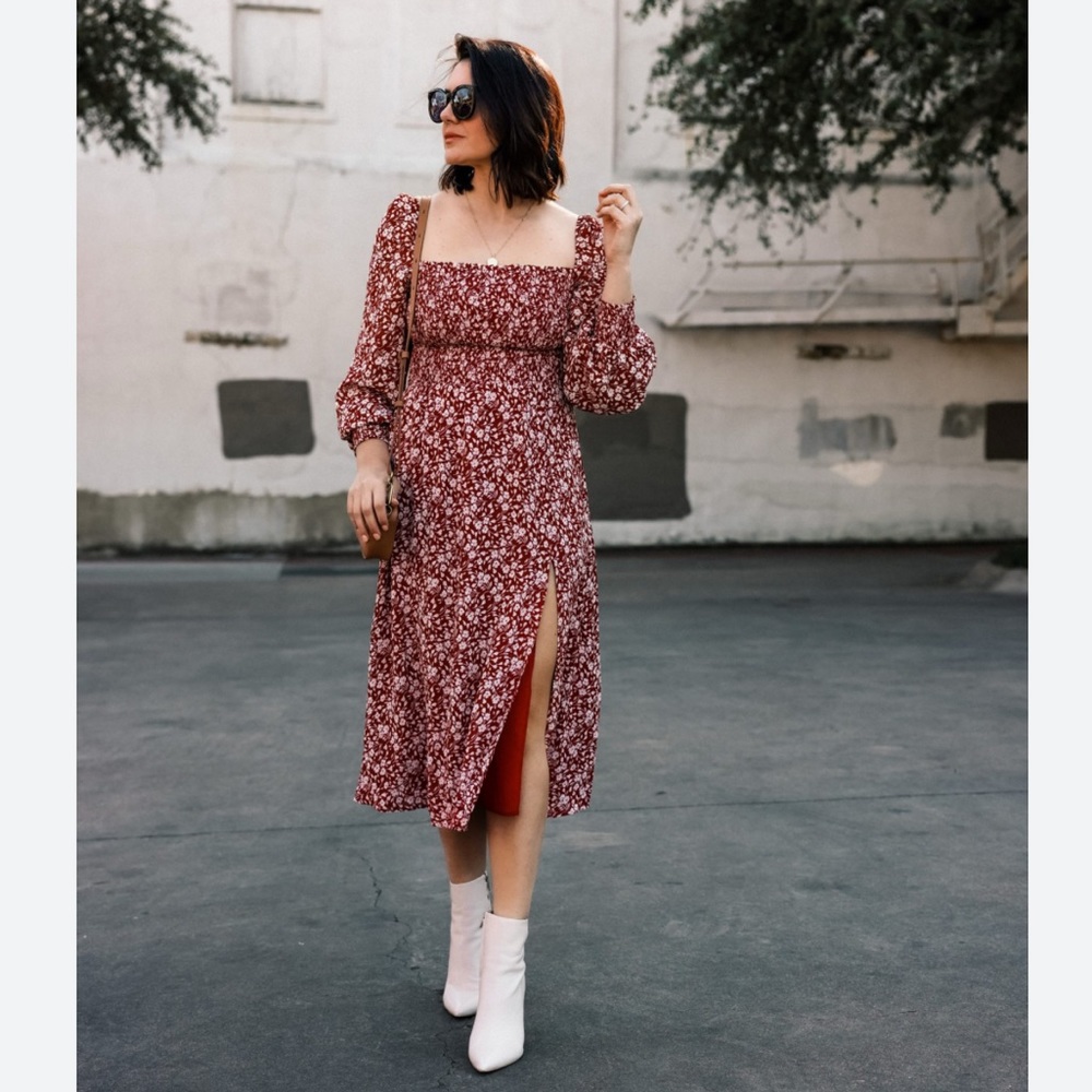 Reformation Cello Dress in flower girl red white floral print. Long sleeves